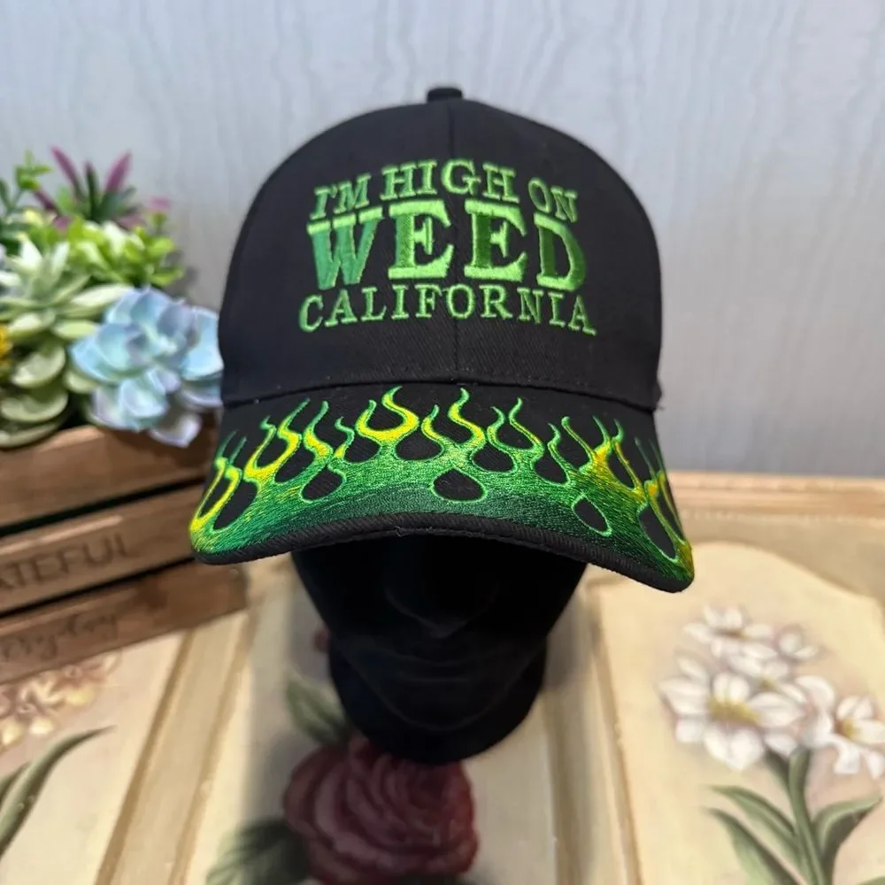 High On Weed California Adjustable Embroidered Cap Black Green Flames Unisex OS